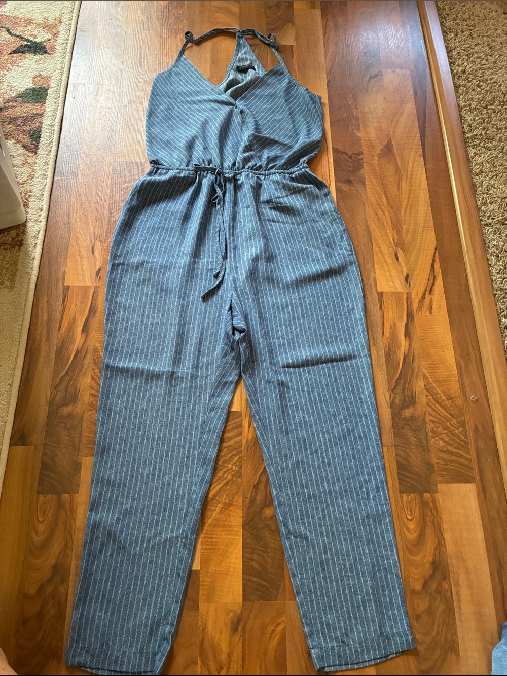 Storia Blue Pinstripe Halter Jumpsuit